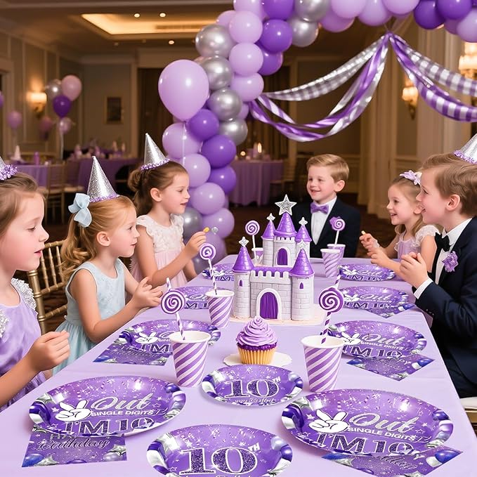 Grencian 96Pcs Purple 10th Birthday Decorations for Girls Purple 10th Birthday Plates and Napkins Disposable Glitter Out Single Digits I'm 10 Paper Tableware for 10 Years Old Party Supplies, Serves 24