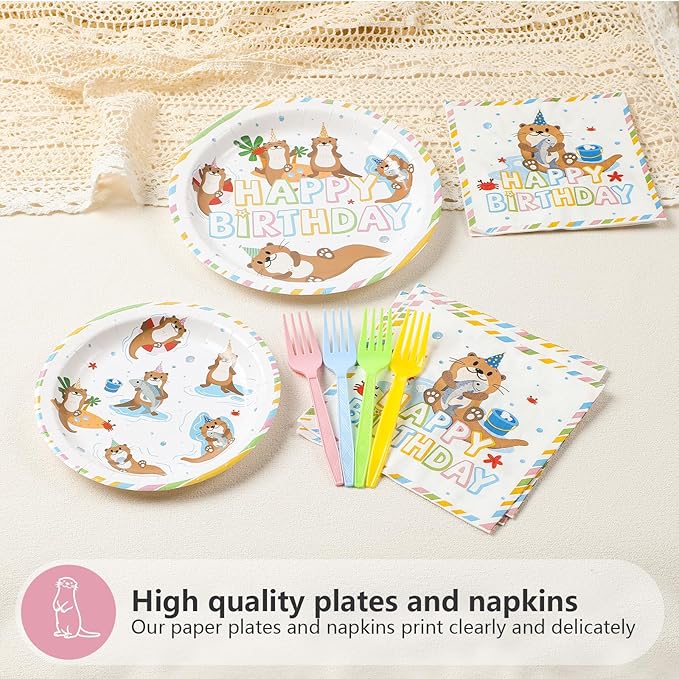 96Pcs Happy Birthday Decorations Otter Birthday Plates and Napkins Under the Sea Otter Decoration Favors for Kids Beach Ocean Animal Themed Bday Baby Shower Party Supplies Serves 24