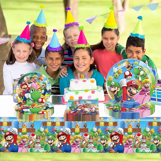 Mario Party Supplies 41Pack include 20 plates, 20 napkins 1 tablecloth for Mario birthday party decoration