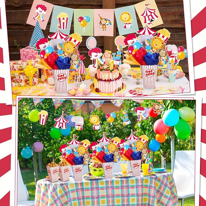 8 Sets Circus Carnival Party Centerpieces Decorations Circus Theme Table Toppers with Popcorn Box Cutouts and Sticks for Carnival Party Birthday Decor Supplies