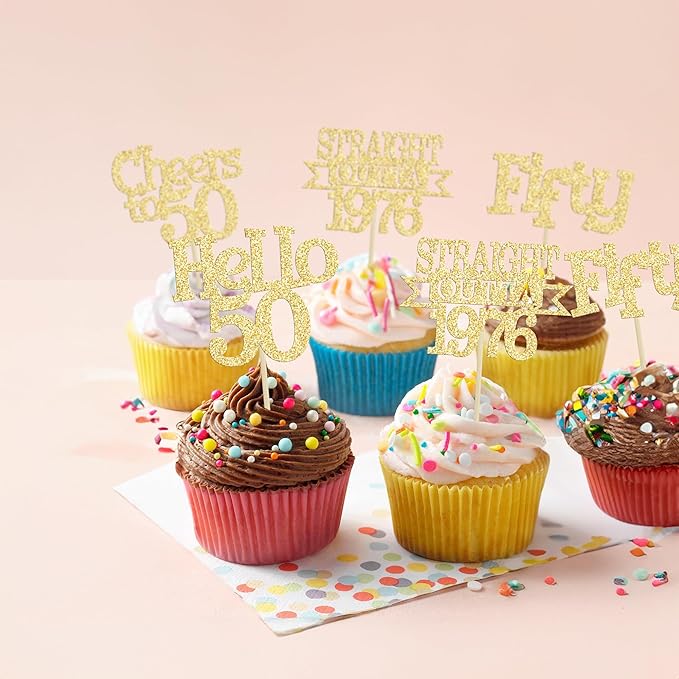 Ephlyn 24Pcs Happy 50th Birthday Cupcake Toppers Glitter Straight Outta 1976 Cupcake Picks Hello 50 Cheers to 50 Years Birthday Cake Decorations for 50th Birthday Anniversary Party Supplies Gold