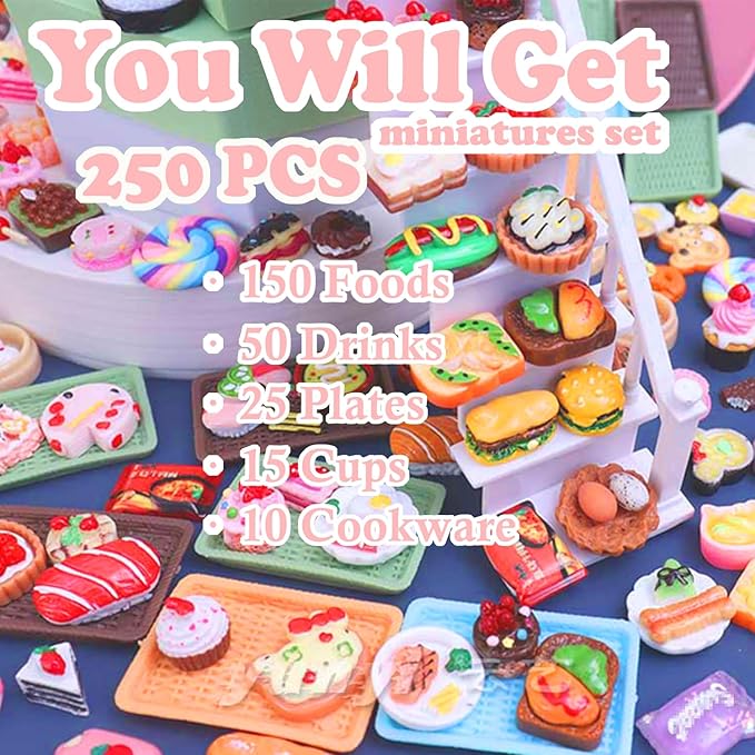 250Pcs Mini Food Miniatures Food Drinks Bottles Toys Doll House Accessories 1:12 Playset Kitchen Game Pretend Play Party Mini Things Stuff Tiny Baking Micro Hamburger Ice Cream Cake Bread