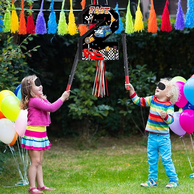 Race Car Piñata Pull String Cars Piñatas for Birthday Party Decorations Number 2 3 4 5 6 with Blindfold Stick Small Red Black Racing Theme 2nd 3rd 4th 5th 6th Party Supplies(Number 2)