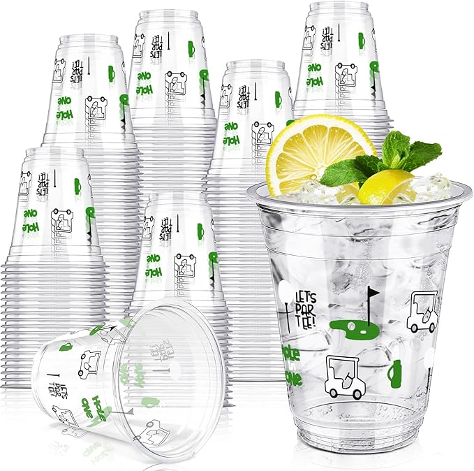 Qinyoung 50 Pcs Golf Party Supplies Bulk Clear Plastic Cups 12oz Disposable Let's Par-tee for Home Sports Golf Ball Themed Birthday Bachelor Party Supplies Favors (Black,White,Green)