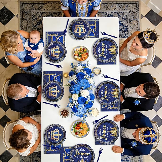 96Pcs Royal Prince Baby Shower Decorations A Little Prince is On His Way Plates and Napkins Blue Gold Little Prince Tableware Set for Kid Boy Baby Shower Birthday Party Supplies Serves 24