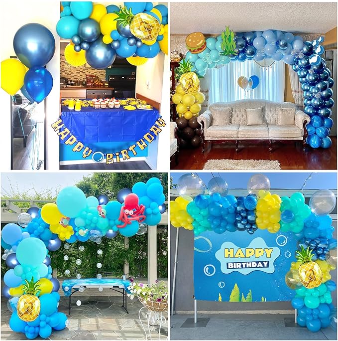 147pcs Cartoon Sponge Balloon Arch Kit - Birthday Decorations With Yellow, Blue, Clear, Metallic, Teal Balloons and Pineapple Balloon For Cartoon Birthday Party Baby Shower