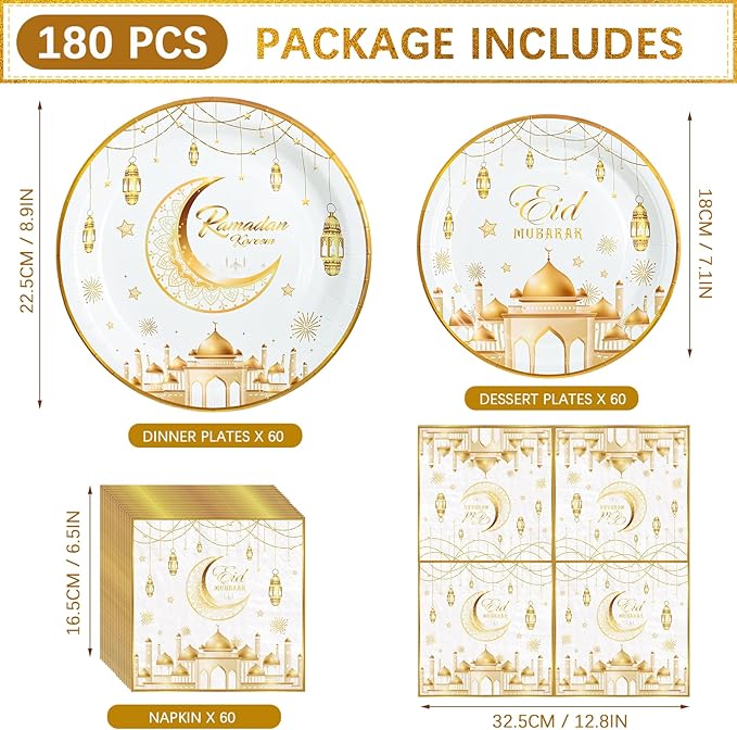 180pcs Ramadan Eid Mubarak Party Supplies,Eid Mubarak Plates and Napkins Set,for Ramadan Party Decorations, Serve 60 Guest