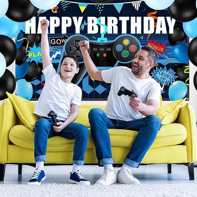 Skylety 34 Pieces Gamer Birthday Decorations Video Game Party Supplies Set Including Happy Birthday Gamer Backdrop, Table Covers, Multi-color Balloons and Foil Balloons for Game Party Decoration