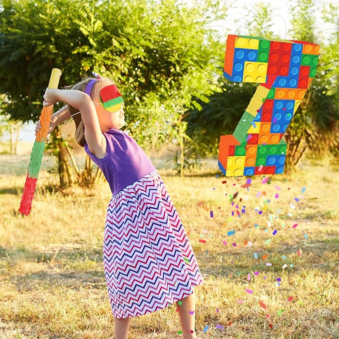 Number 7 Pinata with Blindfold and Bat Stick Building Block 7th Birthday Decorations for Kids Boys Girls Building Block Birthday Party Games Number Pinata for Fiesta