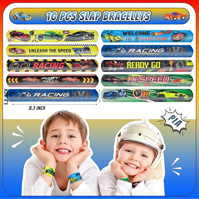 120 Pcs Race Car Party Favors Set with Keychains Slap Bracelets Tattoo Stickers Wristbands Treat Boxes Treat Bags Stuffers Race Car Party Supplies Race Car Party Decorations