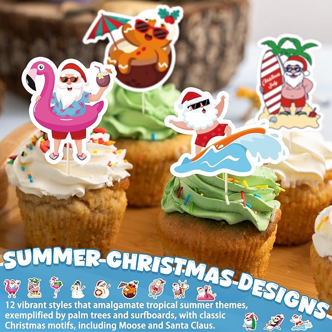 24Pcs Summer Christmas Cupcake Toppers, Santa Beach Cupcake Toppers for Xmas in July Decorations, Paper Summer July Christmas Cake Picks Flamingo Cake Topper Beach Pool Party Theme