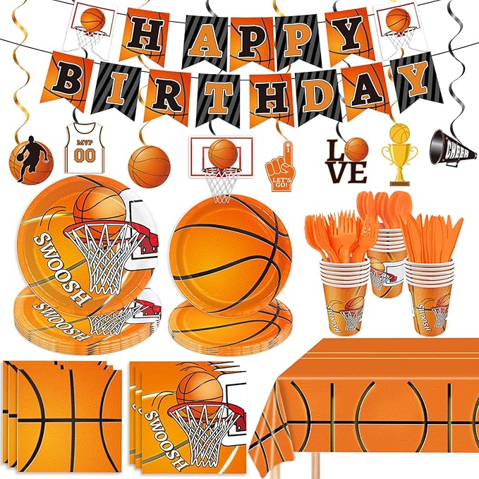 178 Pcs Basketball Theme Birthday Party Decorations Basketball Party Supplies Set Include Plates, Napkin, Cup, Fork, Knives, Spoon, Tablecloth, Banner for Kids and Adults, Serves 24 Guests