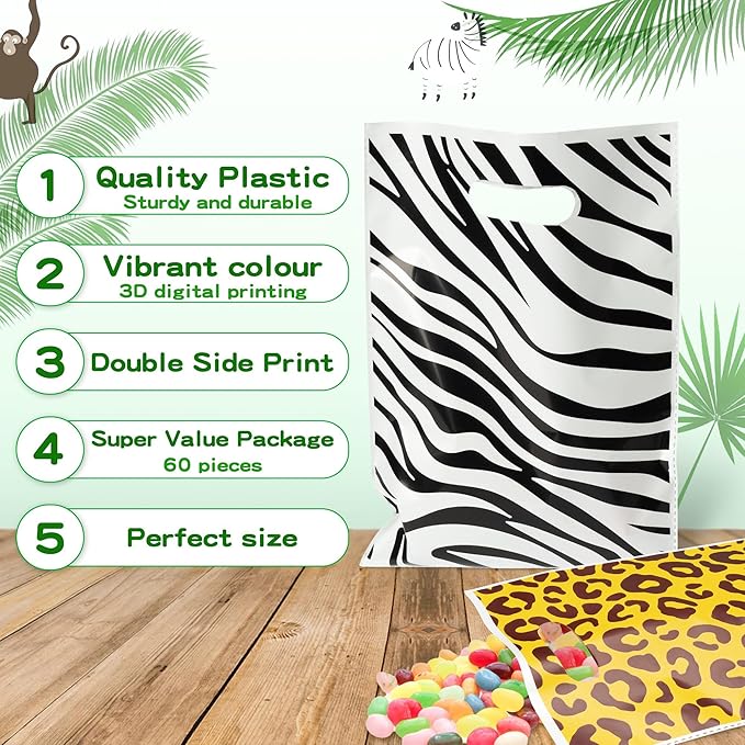 Animal Print Party Favor Bags - 60Pcs Zoo Print Goody Candy Treat Gifts Bags, Summer Jungle Safari Themed Party Decorations for Kids Girls Boys Birthday Baby Shower Animals Theme Events Supplies