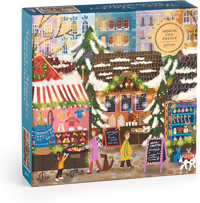 Galison Merry Market – 1000 Piece Foil Joy Laforme Jigsaw Puzzle Featuring Merry and Festive Outdoor Market for The Holidays with Gold Foil Accents