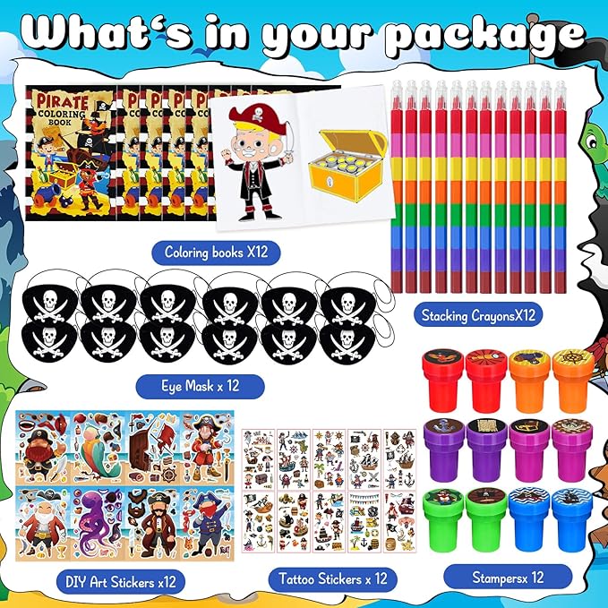 Cinrobiye 72 Pcs Pirate Party Favors Bulk, Pirates Parrot Skull Coloring Books Stickers Stampers for Birthday Goodie Bag Fillers，Carnival Prizes Pinata, Nautical Treasure Hunt Party Supplies