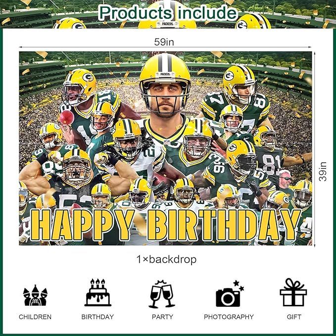 Packers of Green Party Supplies,Football Rugby Party Decorations Includes Backdrop, Cake Toppers, Balloon for Soccer Party Decorations