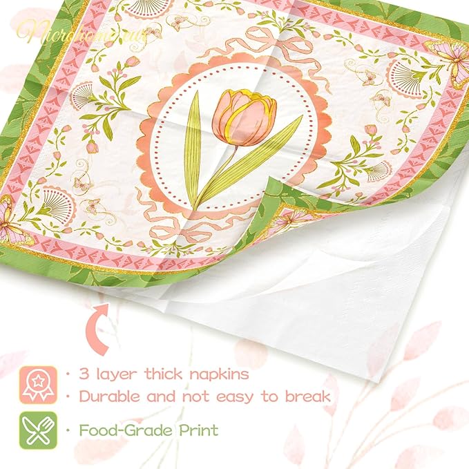 Vintage Floral Paper Napkins 10x10 Inch - 24 Count Tea Party Disposable Napkins, Pink Green Tulip Butterfly Design 3-Ply Cocktail Napkins for Wedding, Birthday, Easter, Garden Party