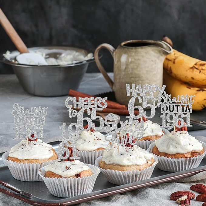 30 PCS 65th Birthday Cupcake Toppers Glitter Sixty Five Happy 65 Straight Outta 1961 Cupcake Picks for Cheers to 65 Fabulous 65th Birthday Anniversary Party Cake Decorations Supplier Silver