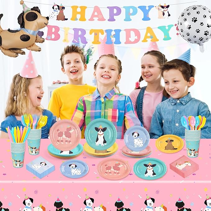 185 Pcs Pet Dog Birthday Party Decorations, Pet Dog Birthday Party Supplies Retro Puppy Themed Paper Plates Napkins Disposable Vintage Dog Tableware Set Serves 24, for Kids Birthday Baby Shower Decor