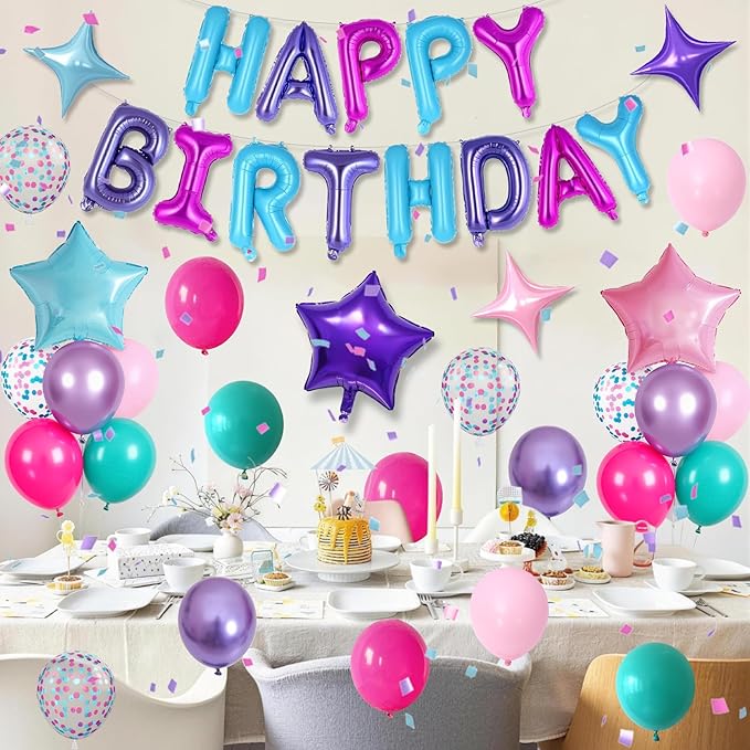 Pink Purple Blue Birthday Decorations Hot Light Pink Metallic Purple Teal Confetti Balloon Happy Birthday Banner Heart Foil Balloons 18/10 Inch Star Balloons for Girls Boys Bday Mermaid Party