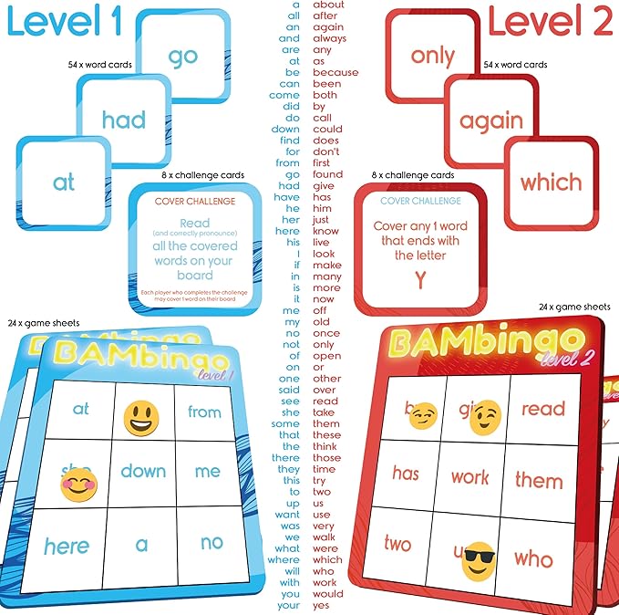 THE BAMBINO TREE Sight Word Bingo Game Level 1 and 2 - Educational Games for Kids - Learn to Read Vocabulary for Kindergarten 1st Grade - Dolch's Fry's Words Lists