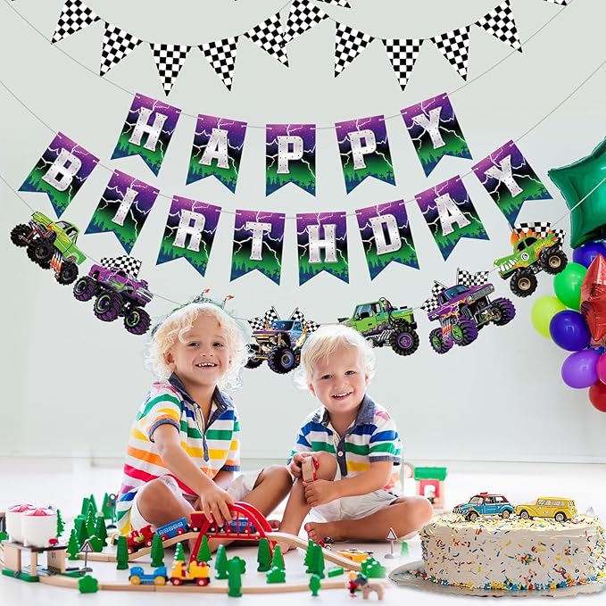 Pasimy 4 Pcs Monster Truck Birthday Banner Cars Truck Garland Black and White Checkered Flags Pennants Green Purple Happy Birthday Bunting Racing Car Theme Party Decorations Supplies