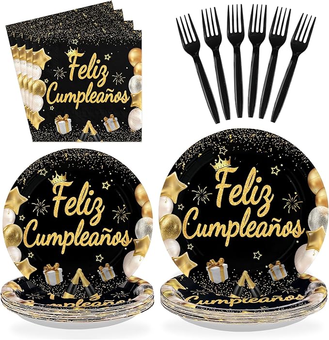 96Pcs Feliz Cumpleaños Decoration Black and Gold Plates and Napkins Mexican Fiesta Happy Birthday Tableware Set for Men Women Spanish Black and Gold Birthday Party Supplies, Serves 24