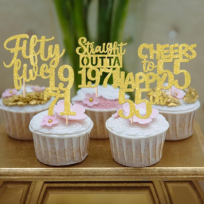 30PCS Straight Outta 1971 Cupcake Toppers Gold Glitter Fifty Five Happy 55th Birthday Cupcake Picks Cheers to 55 Years Cake Decorations for 55th Birthday Anniversary Party Decoration Supplies