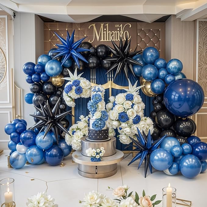 Blue and Black Balloon Arch Kit,Royal Light Blue Metallic Blue Black Balloons with Star Foil Balloon for Kids Boy Blue Birthday Baby Shower Anniversary Graduation Wedding Police Party Decorations