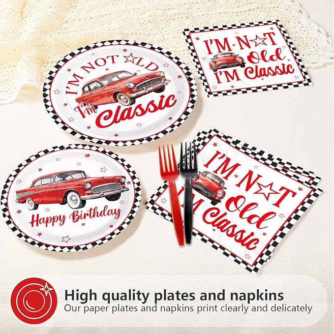 96Pcs Classic Car Birthday Party Decorations I am Not Old I am Classic Birthday Plates and Napkins Sets Vintage Red Car and Star Decorations for Adult Men Vintage Cars Bday Party Supplies Serves 24