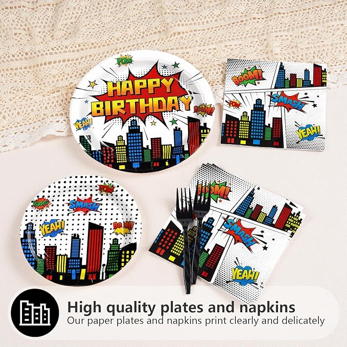 Grencian 96Pcs Super Theme Hero Party Supplies White Comic Hero Plates and Napkins Hero's Action Sign Cityscape Tableware Sets for Kids Baby Shower Hero Spider themed Party Decorations Favors Serve 24