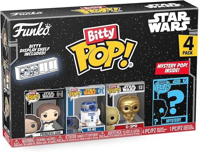 Funko Bitty POP! Star Wars - Leia, 4-Pack - Princess Leia, R2-D2, C-3PO and A Surprise Mystery Mini Figure - 0.9 Inch (2.2 Cm) Collectable - Stackable Display Shelf Included - Gift Idea
