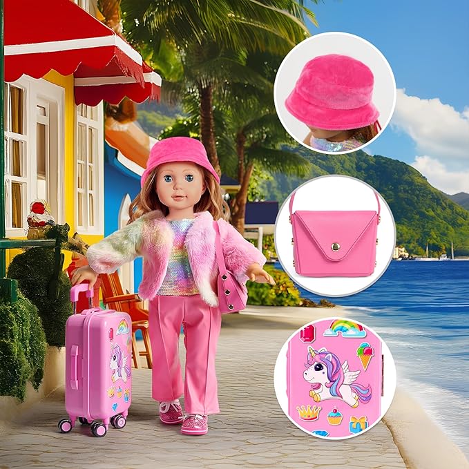 26 PCS American18 inch Doll Clothes and Accessories -Travel Suitcase Luggage, Clothes and Shoes, Bag, Sunglasses, Camera, Passport, Notebook, Phone, pad Travel Gear Play Set(No Doll)
