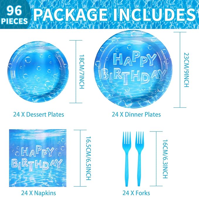 98 Pcs Ocean Themed Party Decor Birthday Ocean Bubble Plates Napkins Forks Tablecloths Disposable Ocean Blue Paper Tableware Set for Kids Boys Birthday Under the Sea Party Supplies Serves 24