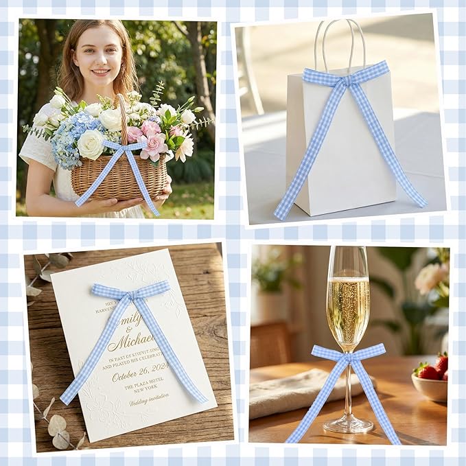 30 Pack Bow Cake Toppers Blue Gingham Ribbons Bows for Cake Bow Cupcake Toppers Blue Gingham Bow Birthday Decorations for Baby Shower Birthday Wedding Party Supplies