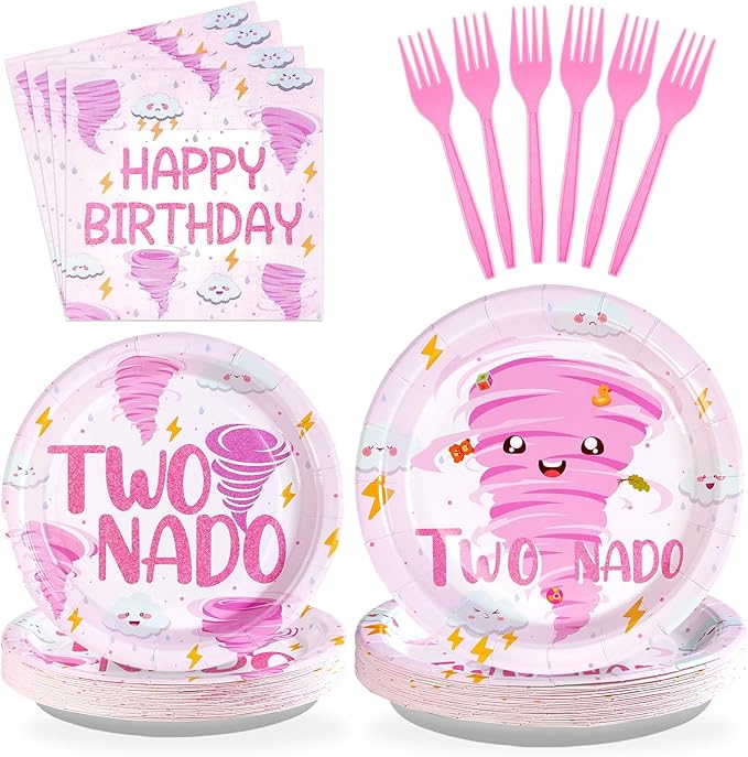 Grencian 96Pcs Two Nado Party Supplies Pink Tornado 2nd Birthday Plates and Napkins Tableware Sets Two Nado Party Decorations Favors for Girls Baby Shower 2 Year Old Birthday Supplies Serves 24