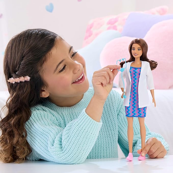 Barbie Careers Doctor Fashion Doll Wearing Removable Look with White Coat, Dress & Shoes, Plus Stethoscope Accessory