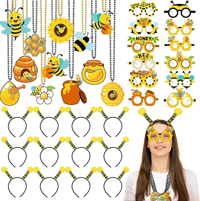 Kingdder 36 Pcs Bee Party Supplies 12 Bee Honeycomb Sunflower Beaded Necklaces 12 Headbands 12 Touchdown Paper Glasses Prop Accessories for Spring Birthday Party Photo Booth Props Summer Decorations