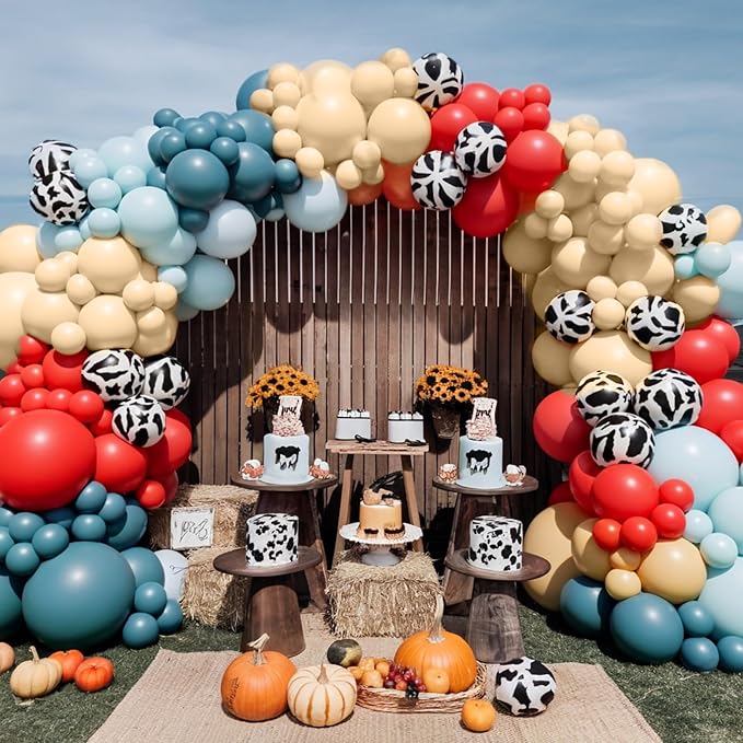 Red Blue Cow Balloons, 50Pcs 12 Inch Red Dusty Blue Sand White Farm Balloons for Kids Girl Boy Farm Theme Birthday Western Cowboy Party Baby Shower Decorations