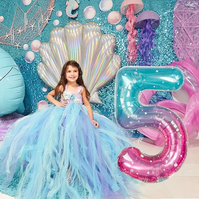 Mermaid Starry 5 Balloons, 40 Inch Giant Teal Blue Purple Mylar Foil Number 0-9 Helium Balloon for Girls, Self Inflating Rainbow 5th Birthday Balloon for Women Anniversary Party Decorations Supplies