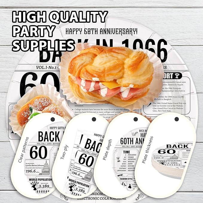 96Pcs 60th Anniversary Party Decor Vintage Back in 1966 Plates and Napkins Black White 60th Disposable Paper Tableware Set for Men Women Wedding Anniversary Birthday Party Supplies Serves 24
