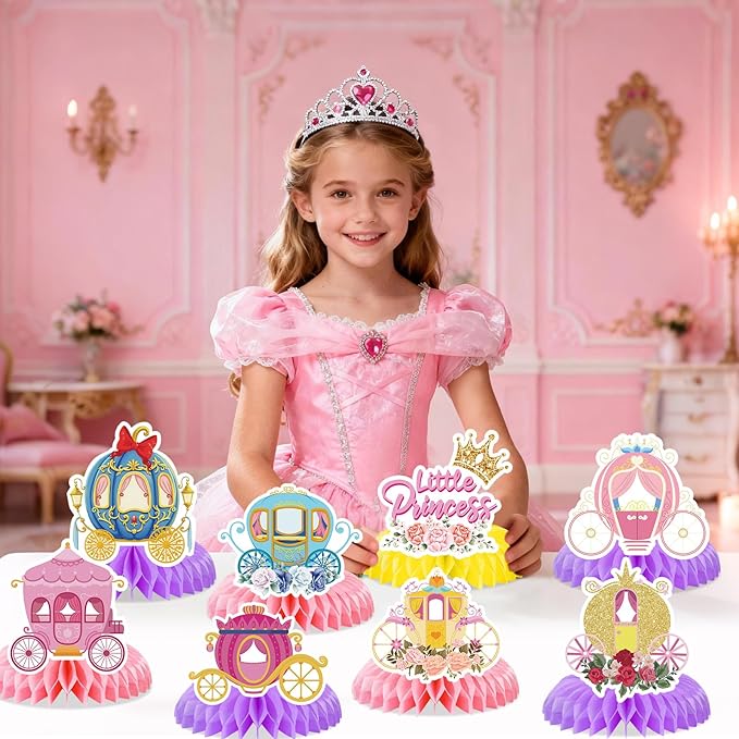 9 Pcs Princess Carriage Party Honeycomb Centerpieces 3D Cardboard Floral Princess Table Centerpieces Carriage Birthday Party Decorations Table Topper for Girls Birthday Baby Shower Party Supplies