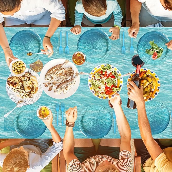 61 Pcs Ocean Sea Birthday Party Decorations Waves Themed Tableware Includes Blue Plates Napkins Forks Tablecloth Undersea Supplies for Hawaiian Summer Pool Beach Parties Baby Shower Serves 20 Guests