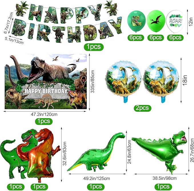 Dinosaur Birthday Decorations, Dino Theme Party Supplies&Decorations Set Include Banner Tablecloth Balloons Cake Toppers Plate Napkin for Kids Party