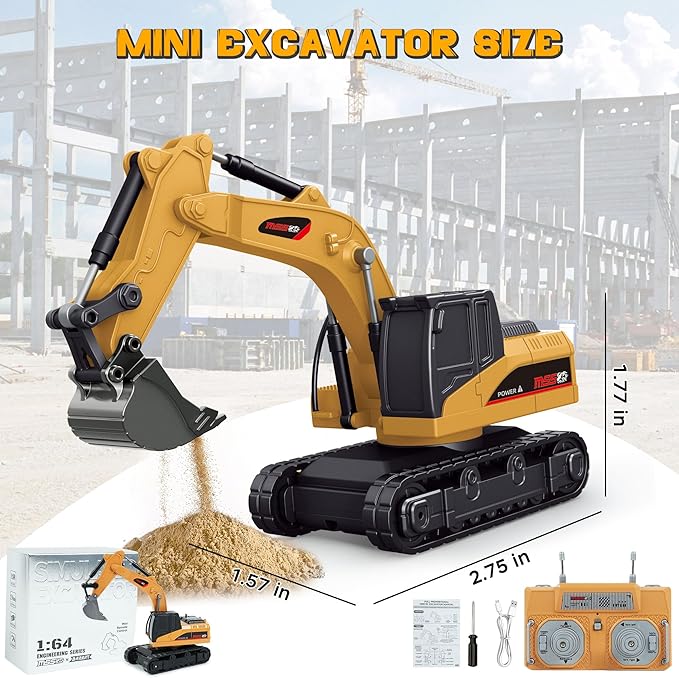 BRRRRT 1/64 Remote Control Excavator,Remote Control Construction Vehicles with Metal Shovel,Type-C Direct Charging RC Excavator,Birthday Gifts for Boys and Girls Age 3+