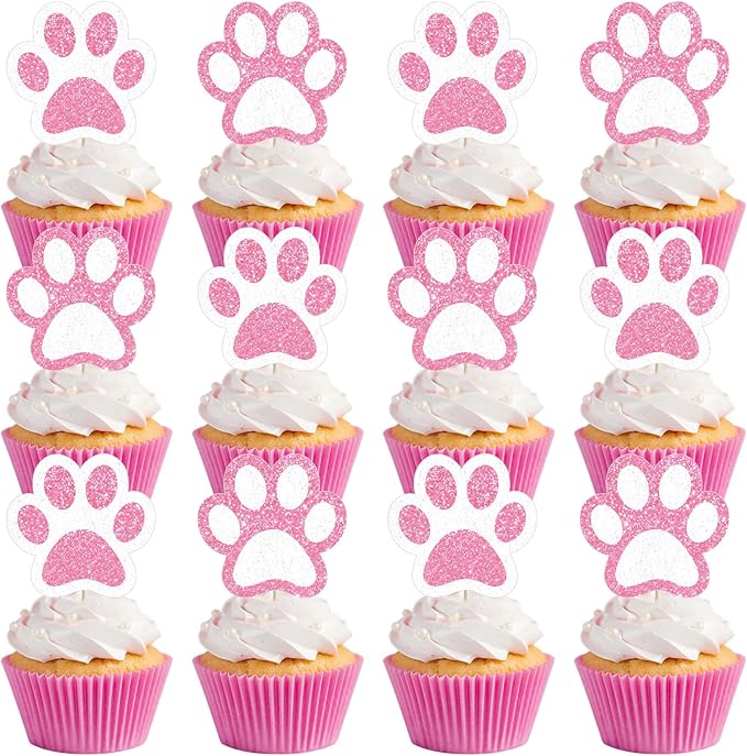 36 Pcs Paw Cupcake Toppers Pink Glitter Dog Paw Cake Decorations Glitter Puppy Cupcake Toppers for Baby Shower Boys Girls Birthday Party Cake Supplies (2 Styles)