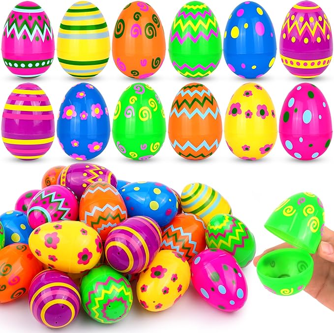 36 Pack Plastic Printed Easter Eggs, 2.4 Inch Fillable Empty Eggs Bulks for Easter Eggs Hunt, Easter Basket Stuffers Fillers, Classroom Prize Supplies, Filling Treats and Party Favors