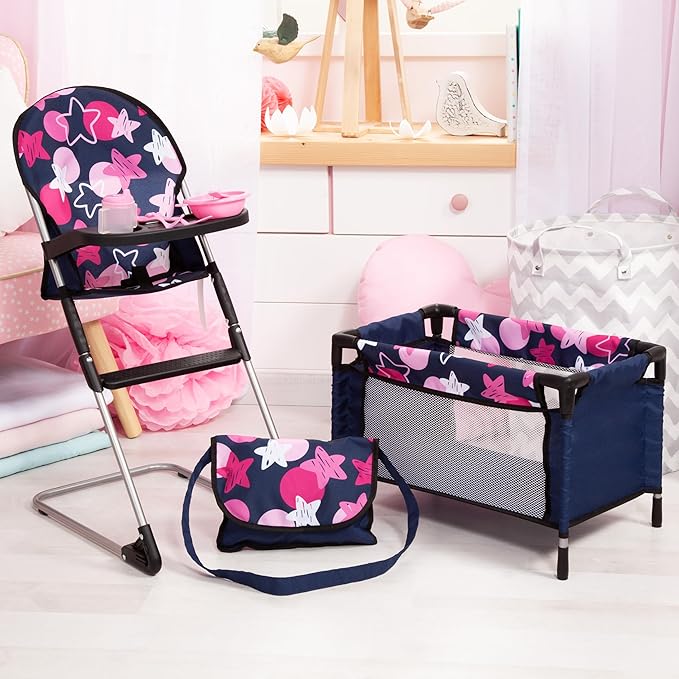 Bayer 9-in-1 Doll Accessory Set with Travel Bed & Highchair - Perfect Toy for Dolls - Includes Plate, Utensils, Play Mat and More