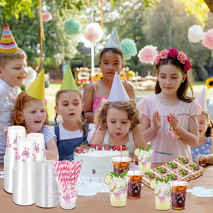 50 Pcs Pink Bow Plastic Cups with Lids and Straws,12 oz Lovely Bow Disposable Drinking Cups Pink Bowknot Theme Party Cup for Wedding Birthday Bridal Baby Shower Party Supplies