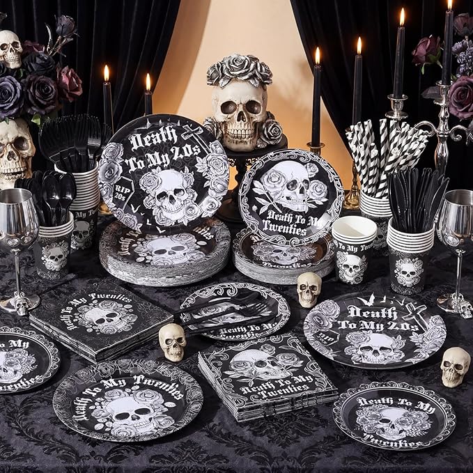 450 Pcs Death to My 20s Tableware Set Black White 30th Birthday Party Decorations Rip to My 20s Paper Plates Napkins Cups Cutlery Straws for Funeral Youth Birthday Supplies, Serves 50